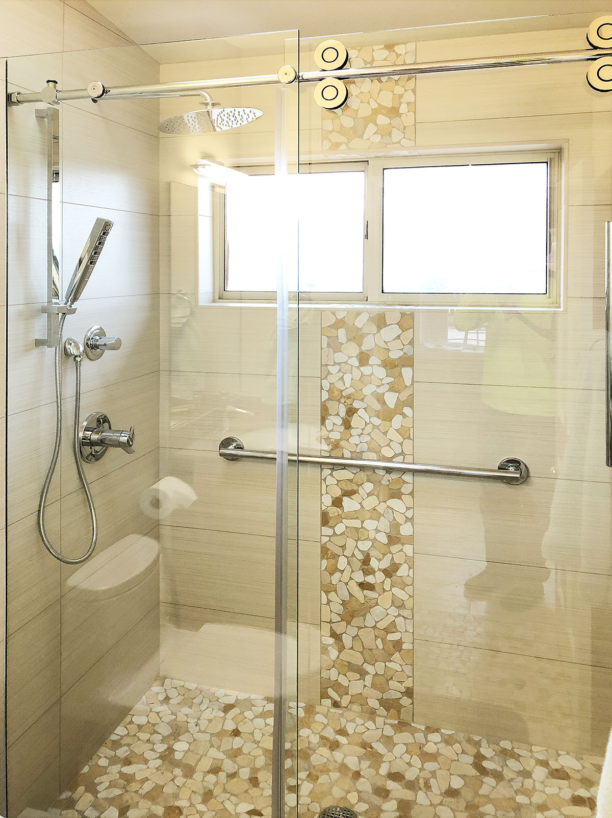 Barn door style shower door.