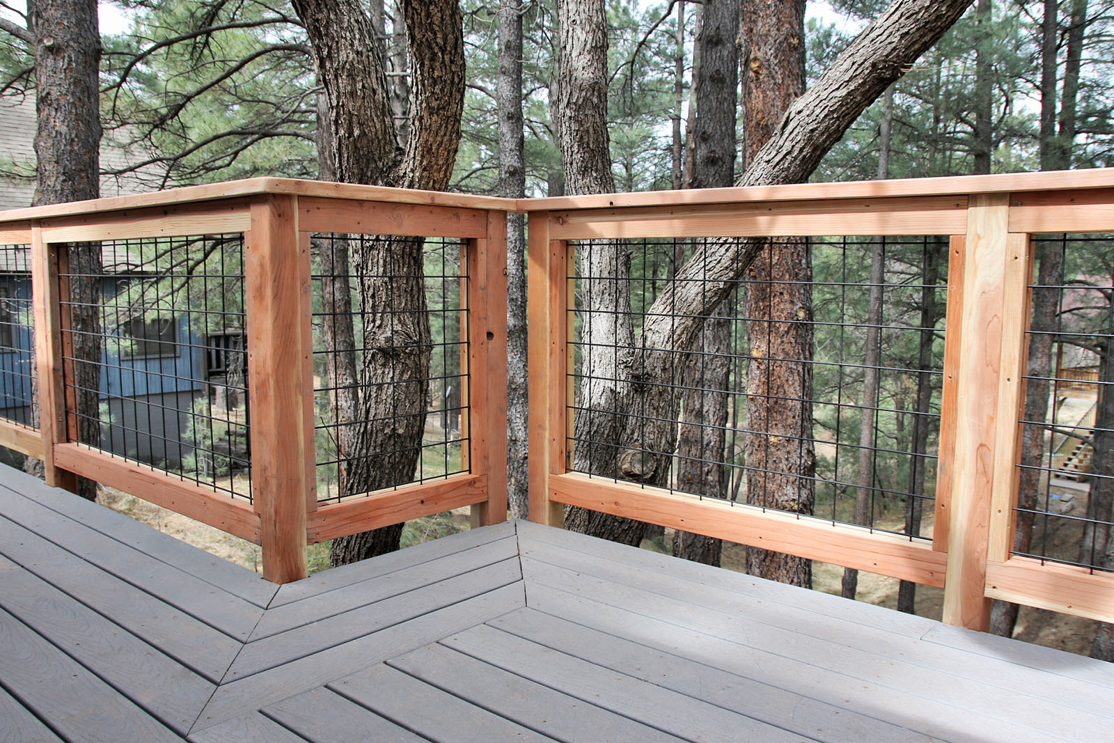 Wild Hog brand welded wire metal railing installed around a deck in Flagstaff Arizona
