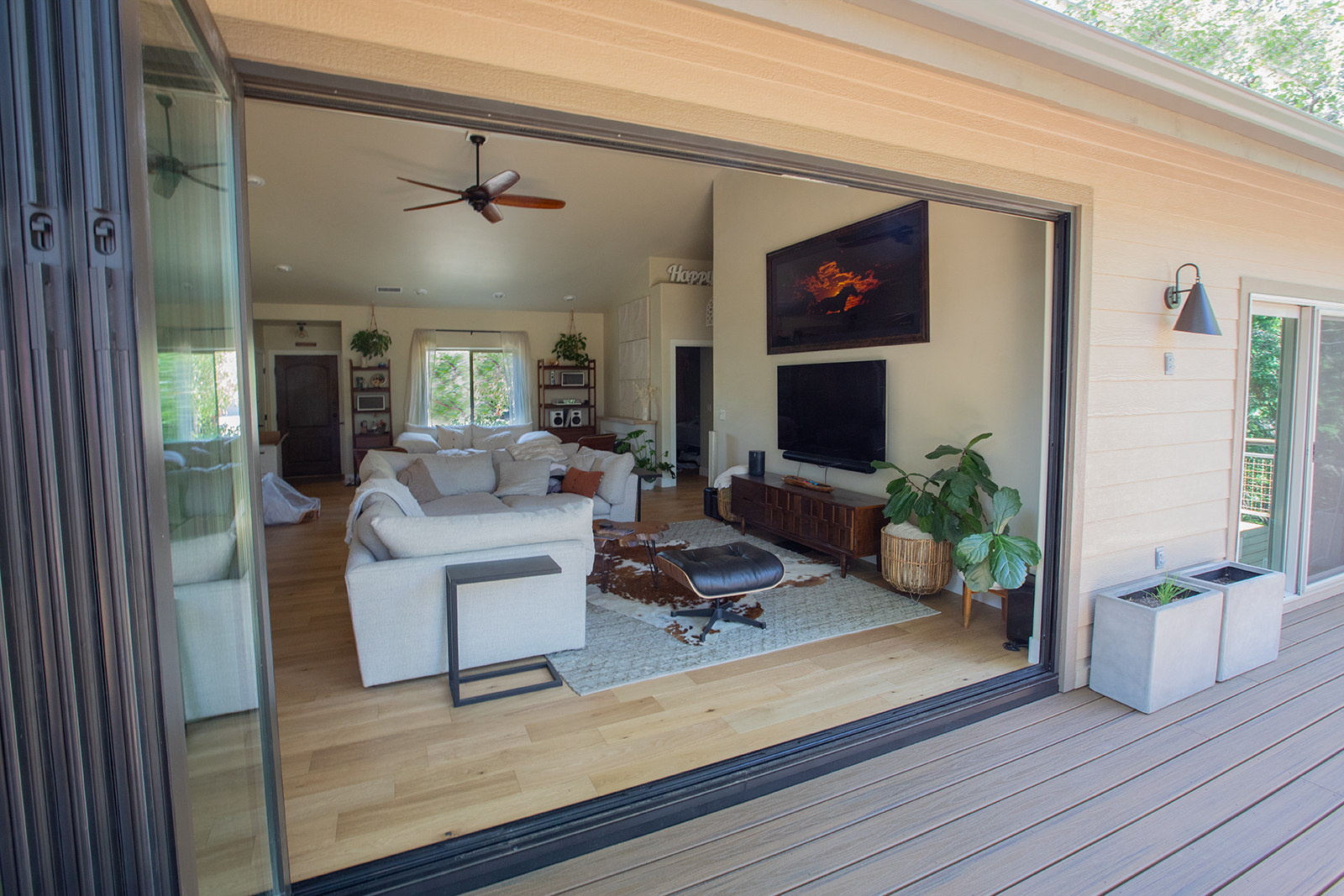 Panoramic door as viewed from the outside in the open position.