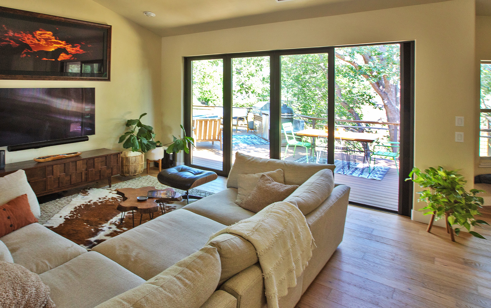 Panoramic door as viewed from the inside of a living room.