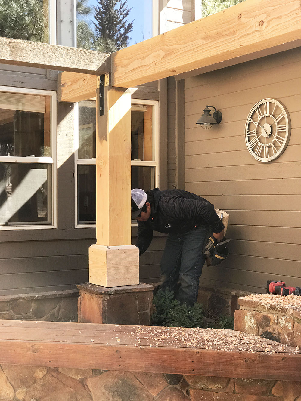 Repairing a trellis with heavy timbers in Forest Highlands Golf Club